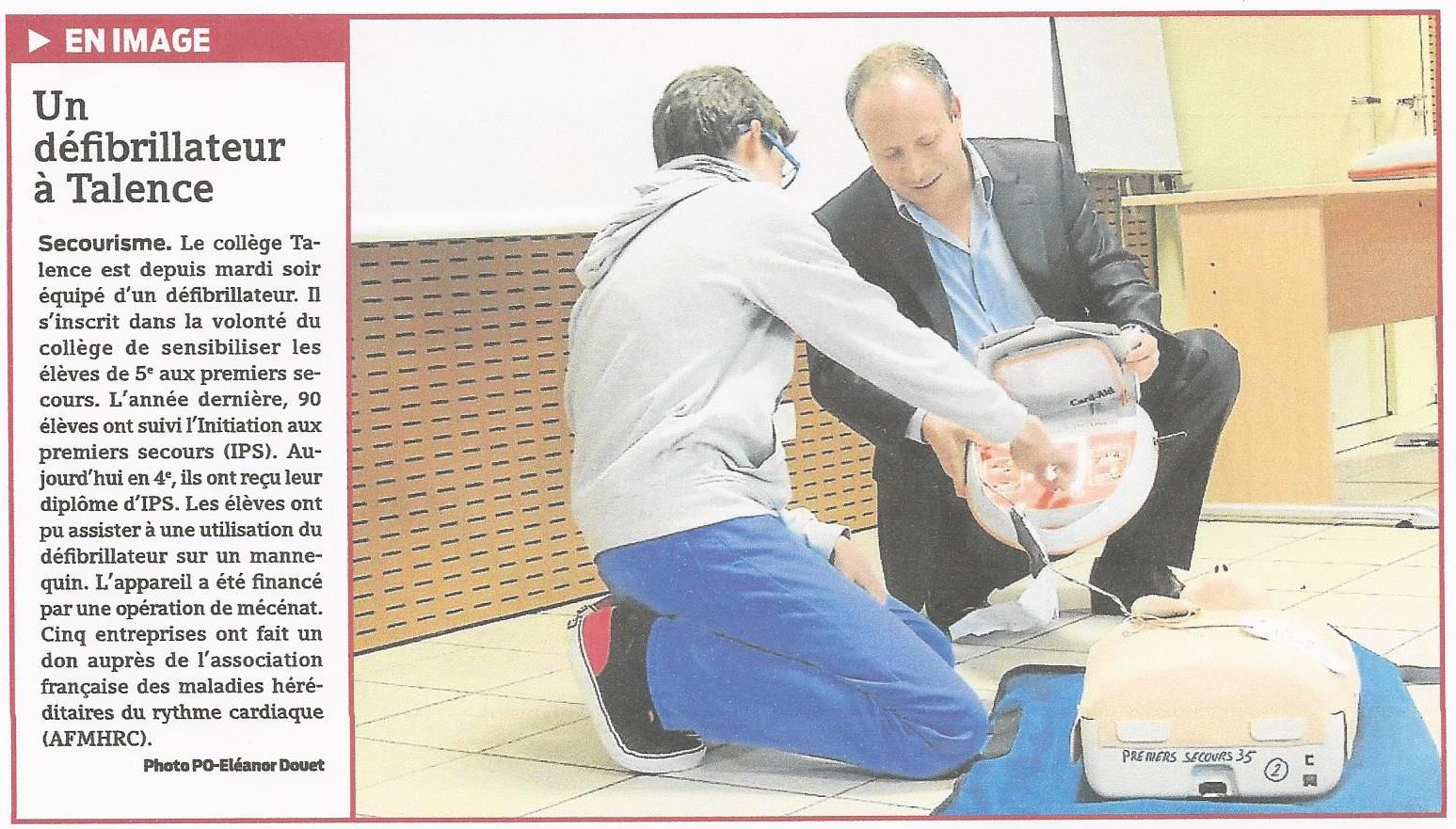 Défibrillateur Collège Talence Nantes (Loire Atalntique) - Presse Océan 24 février 2014
