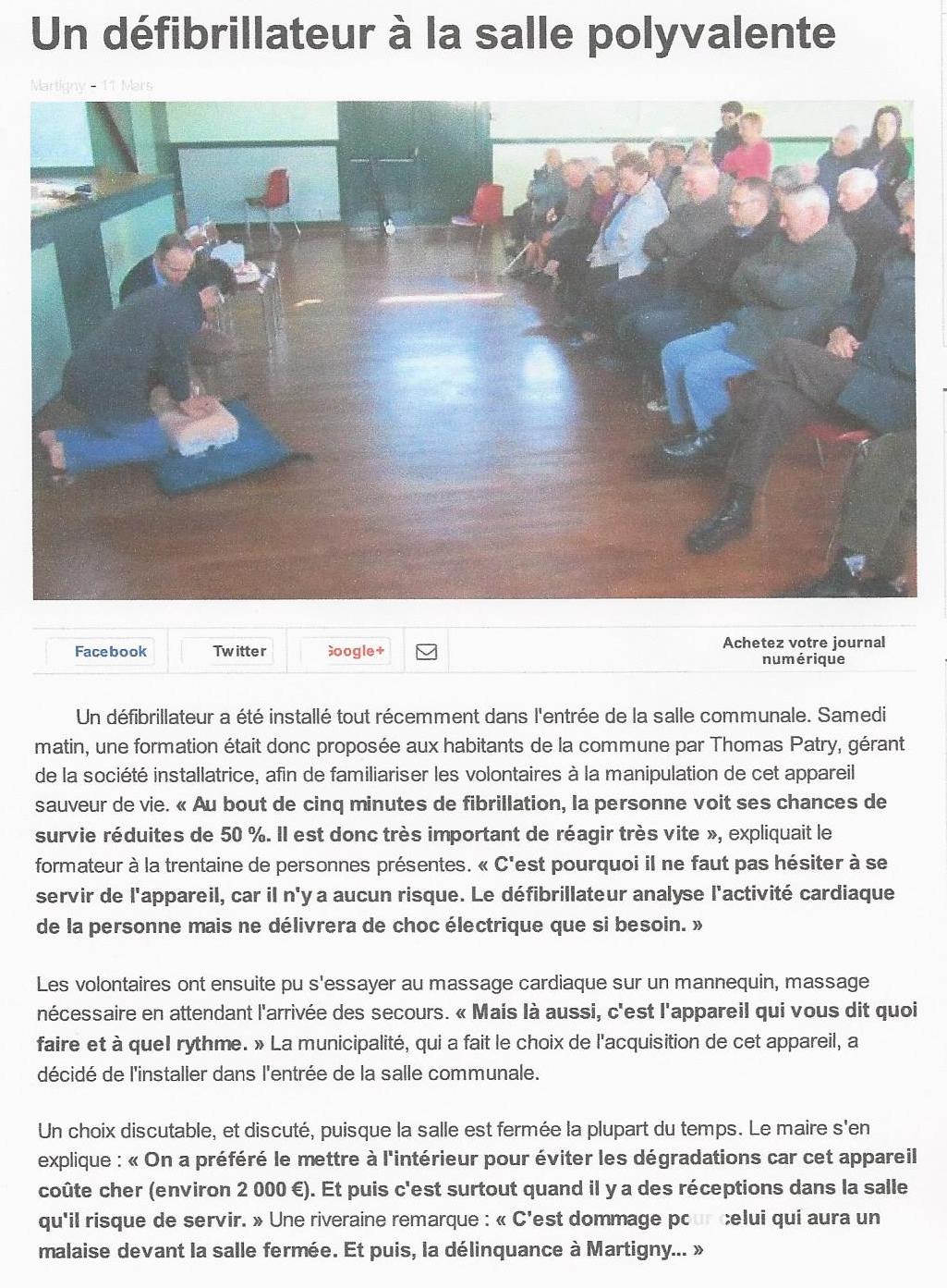 Defibrillateur Martigny (Manche) - Ouest France  13 mars 2014