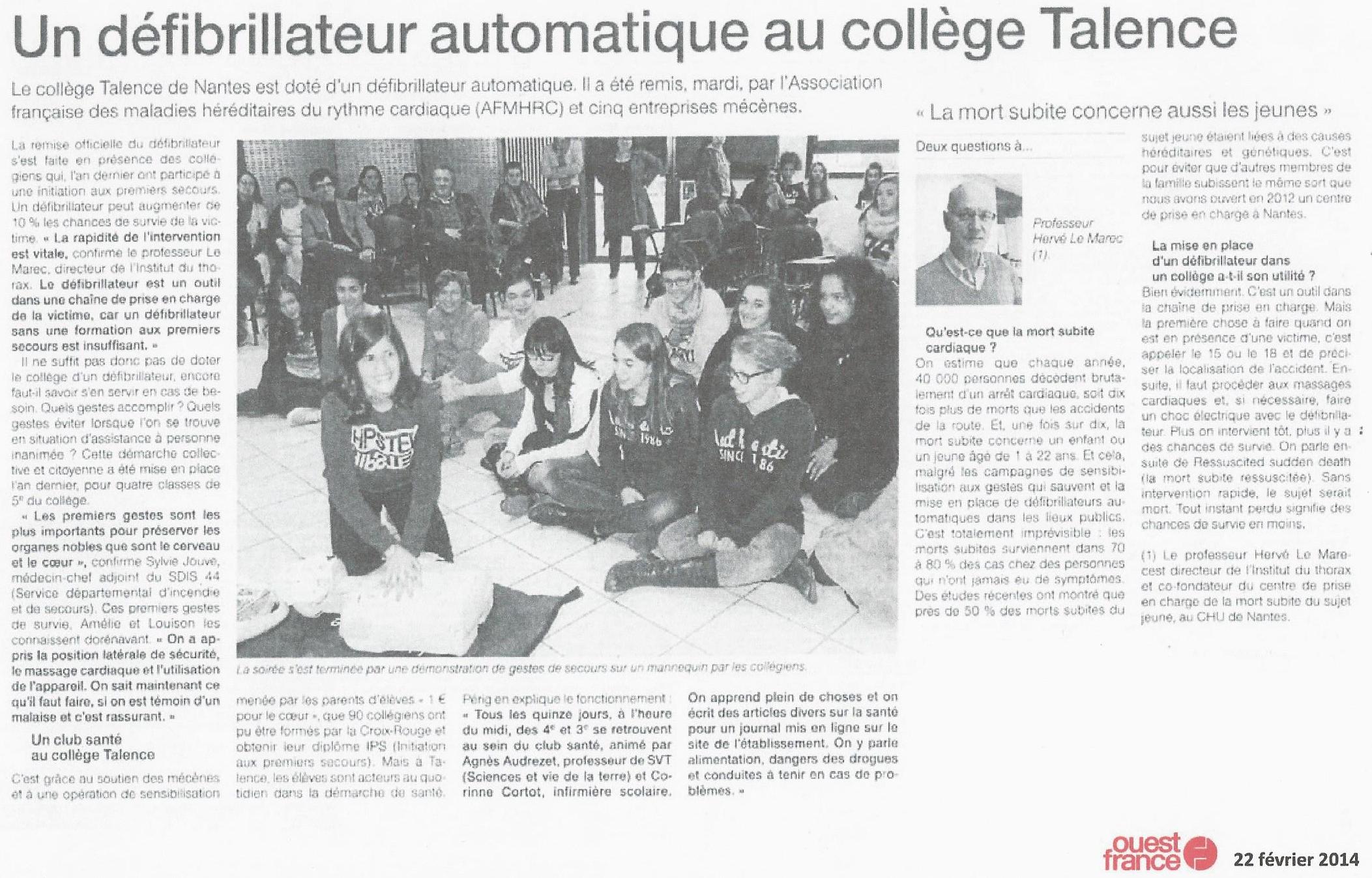 Defibrillateur Talence Nantes (Loire Atlantique) -Ouest France 22 février 2014